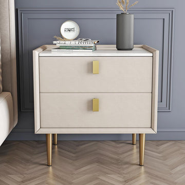 Modern 2 Drawers PU Leather Bedside Table Nightstand with Gold Metal Legs